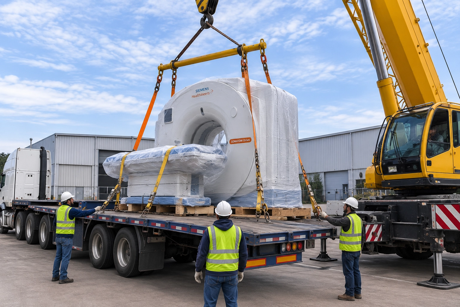 Crane lifting medical imaging equipment for transport